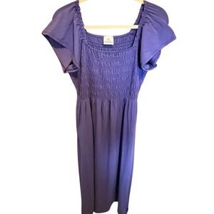 Elegantees Purple Smocked Flutter Sleeve Maxi Women Small Square Neck Pockets